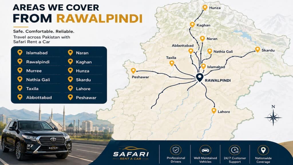 Pakistan route map showing car rental destinations from Rawalpindi including Islamabad, Murree, Hunza, Skardu and Lahore