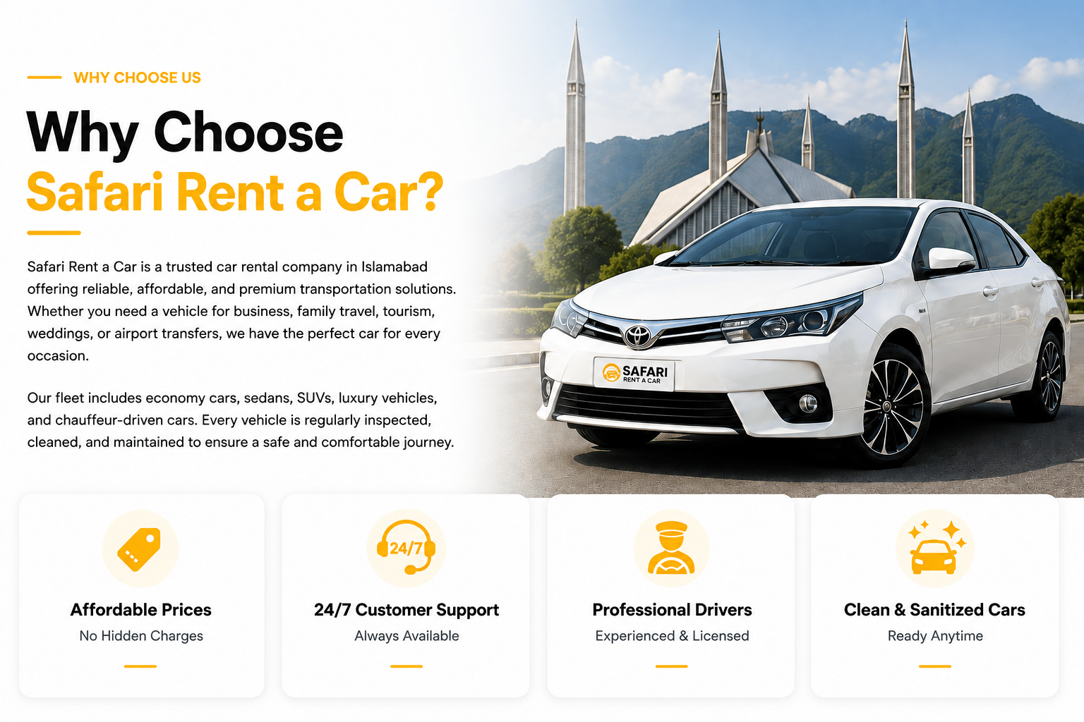 White Toyota Corolla for Rent in Islamabad by Safari Rent a Car in front of Faisal Mosque.